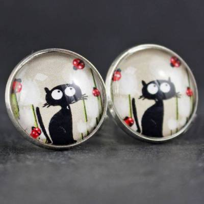 Ohrstecker mit schwarzer Katze, Marienkäfer, Glasschmuck, Schmuck für Frauen