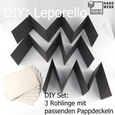 DIY Bastelset, drei Leporello schwarz, Rohlinge, 16,5 x 12,8 cm