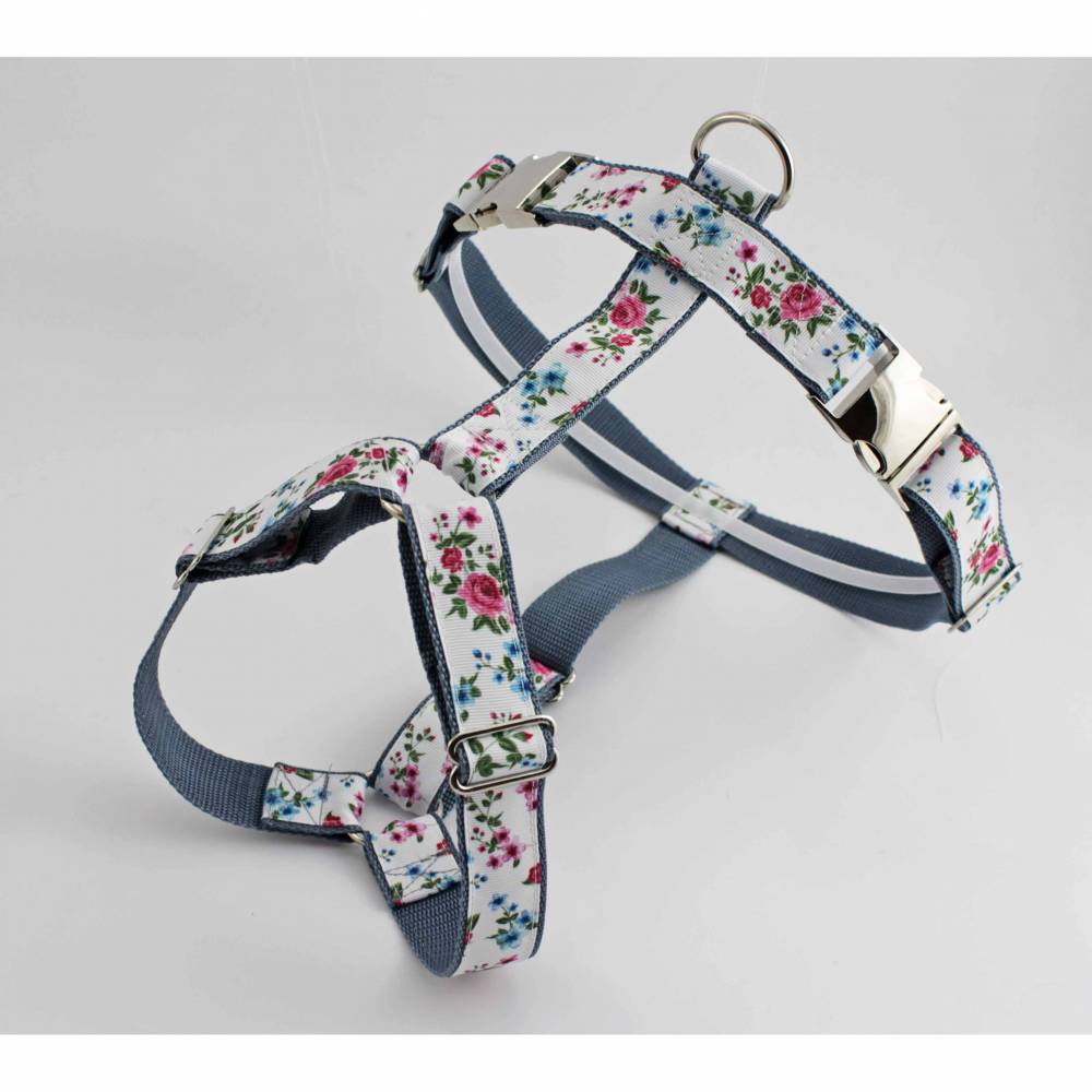 Hundegeschirr mit Rosen, Rosenstrauch, romantisch, Hochzeit, Gurtband in  grau, Brustgeschirr fr Hunde