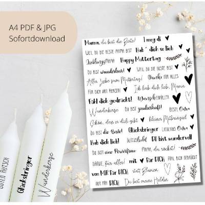 PDF Vorlage für Kerzen I Muttertag | Mitbringsel I Kerzentattoo Stabkerzen Wasserschiebefolie | Druckvorlage DIY