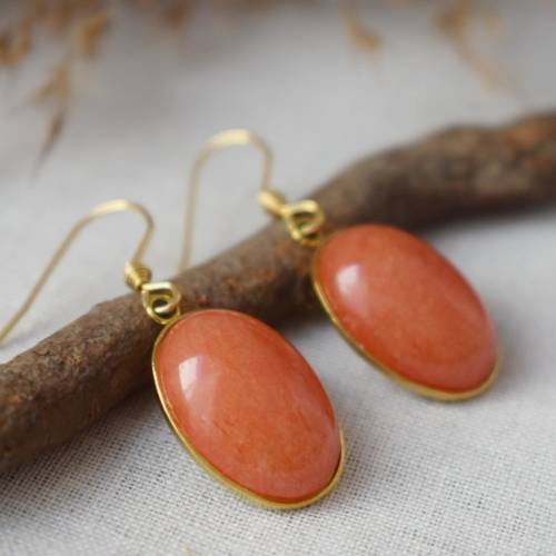 Ohrhänger Orange Jade, Gold, ovale Edelstein Anhänger, lange Ohrringe hängend, Hängeohrringe vergoldet, Orange Gold, Han