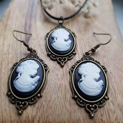 schwarze ovale Kamee Schmuckset bronze schwarzer Kette Anhänger und Ohrringe weißer Gemme Jugenstil antik