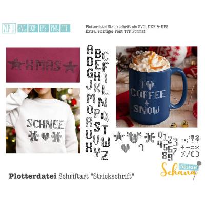 Strick Schrift Plottbare Schrift SVG DXF und echter TTF Font im Strickdesign
