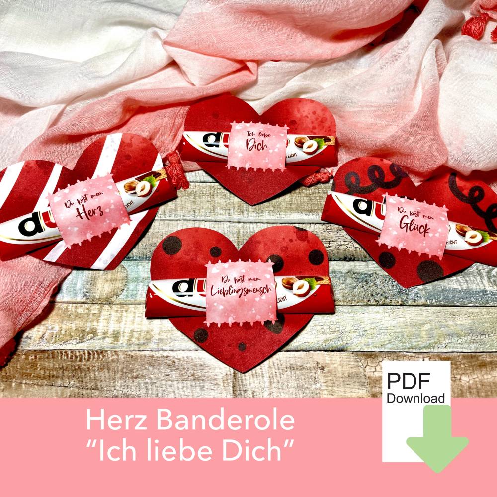 Banderole Schokolade, Last Minute Geschenk zum ausdrucken, Weihnachten Aufmerksamkeit, 4 Herzen mit Liebesbotschaften Bild 1