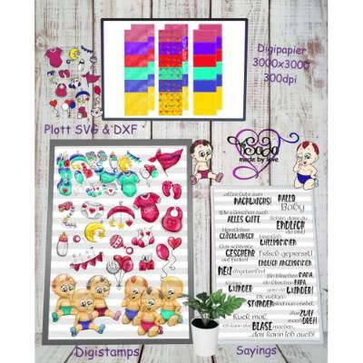 TiSaJa - Set Plott und Digistamp "Babyboom" PNG SVG DXF Sayings Digipapier Geburt Baby