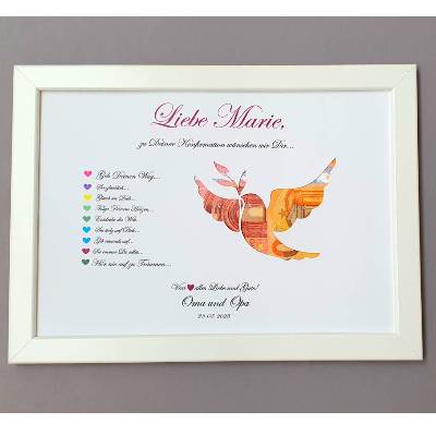 Geldgeschenk zur Konfirmation, Konfirmationsgeschenk Mädchen und Jungen, Bilderrahmen Friedenstaube