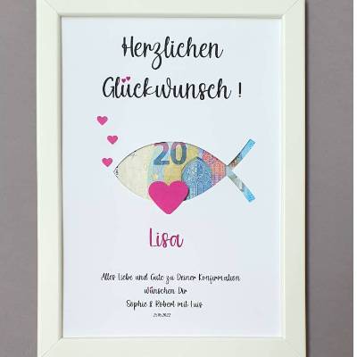 Geldgeschenk zur Konfirmation, Konfirmationsgeschenk Mädchen und Jungen, Bilderrahmen Fisch