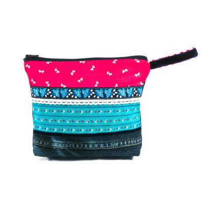 Upcycling Kosmetiktasche Jeans + bunt geblümt Unikat