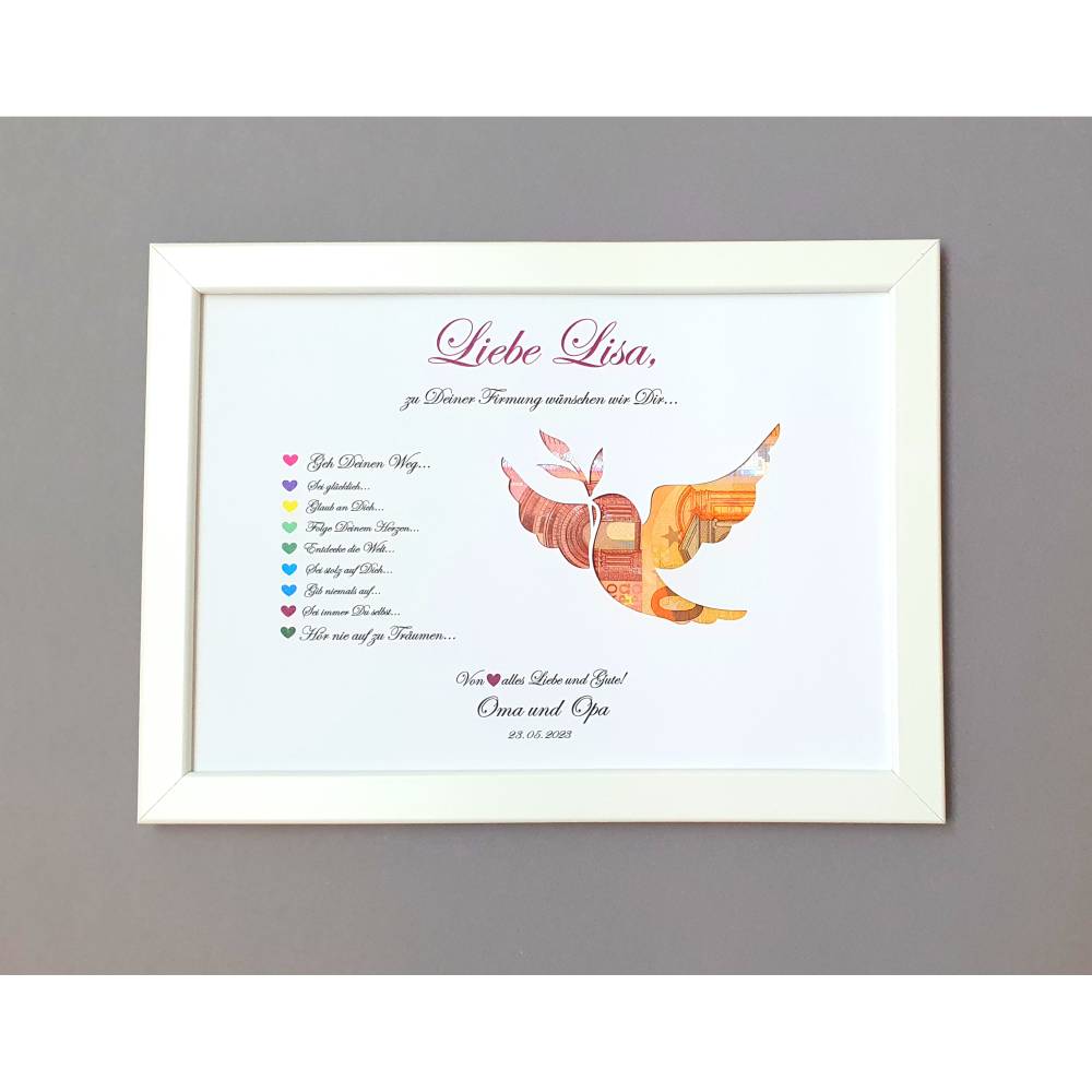 Geldgeschenk zur Firmung Mädchen und Jungen, Geschenk zur Firmung ,Bilderrahmen Friedenstaube Bild 1