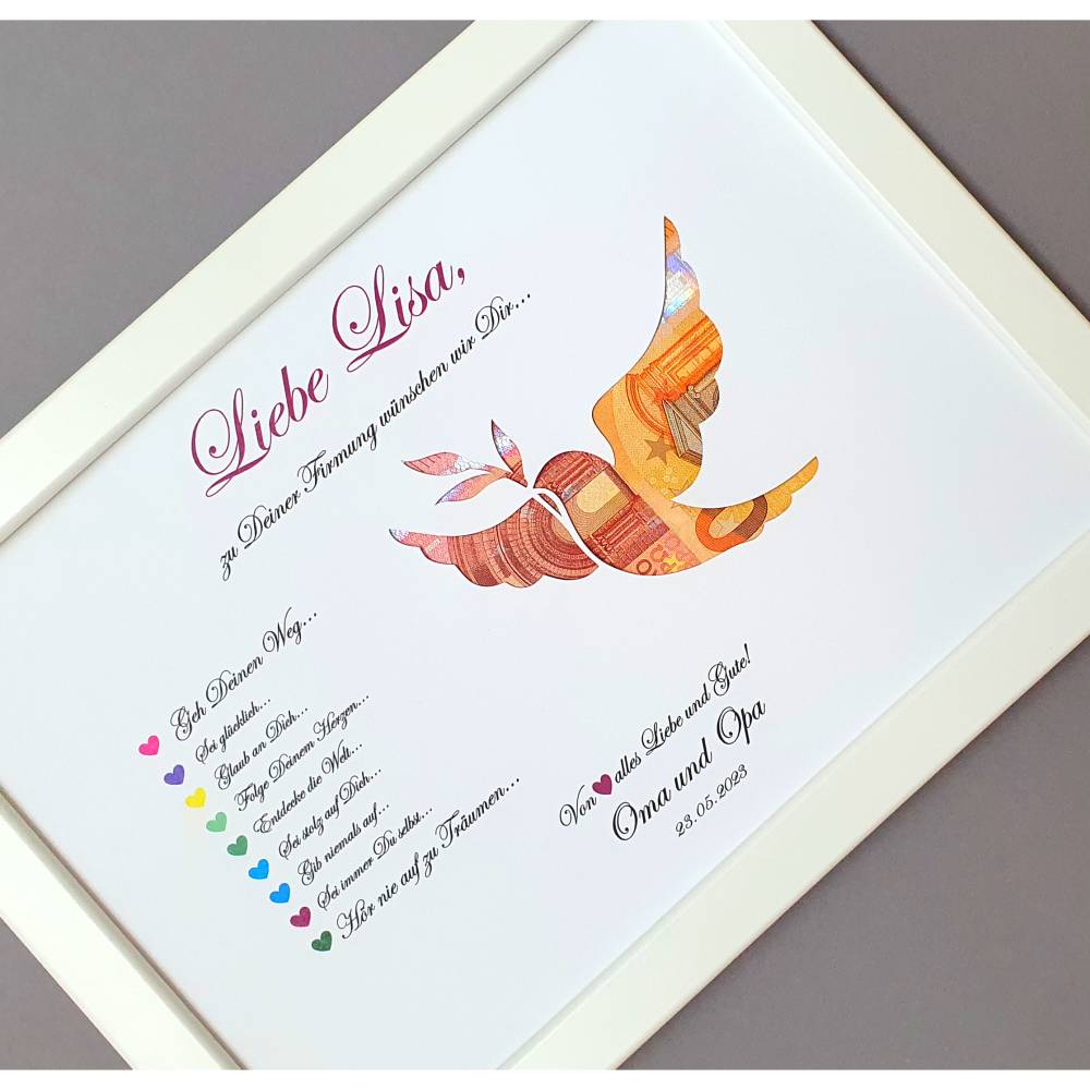 Geldgeschenk zur Firmung Mädchen und Jungen, Geschenk zur Firmung ,Bilderrahmen Friedenstaube Bild 2