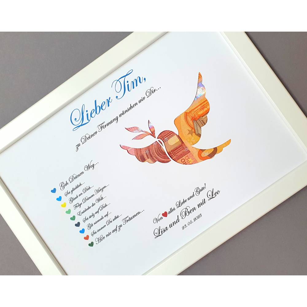 Geldgeschenk zur Firmung Mädchen und Jungen, Geschenk zur Firmung ,Bilderrahmen Friedenstaube Bild 3