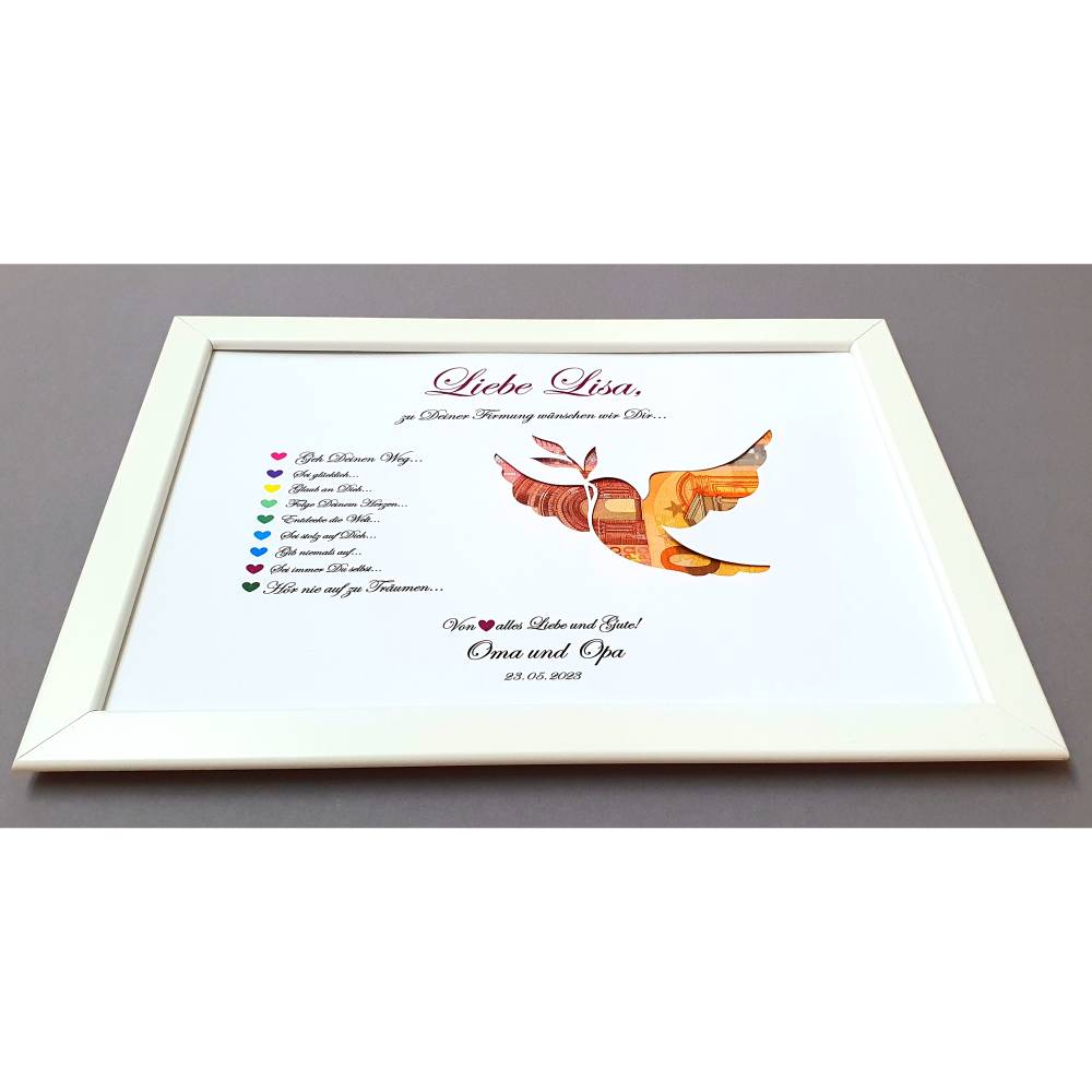 Geldgeschenk zur Firmung Mädchen und Jungen, Geschenk zur Firmung ,Bilderrahmen Friedenstaube Bild 4