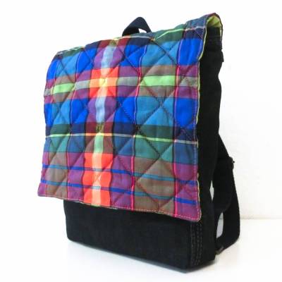 Upcycling Kinderrucksack Jeans schwarz bunt kariert, Unikat, Kindergartenrucksack, Kitarucksack