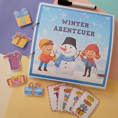 Busy Book Montessori Spielbuch mit Klettverschluss – Handgemachtes Lernbuch für Kinder, Winter Abenteuer, 24x22 cm