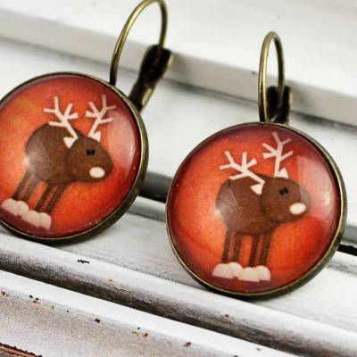 Ohrringe, Rentier, Weihnachten, Winter, rot, Hirsch, Reh, Glas, antik, bronze, vintage, nostalgisch, X-mas, rund, niedlich, Geschenk