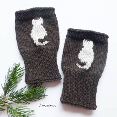 Große - 1 Paar handgestrickte Pulswärmer mit Katze/Kater - Handstulpen,Armstulpen,Frauen,Damen,weich,braun,natur