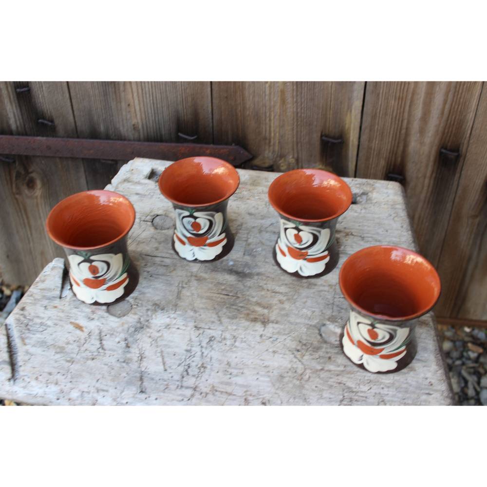 Vintage Becher Set aus Steinzeug Pozdisovice Tschechoslowakei – 4 Tassen, 60er 70er Jahre, gemarkt