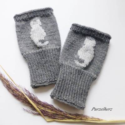 Große - 1 Paar handgestrickte Pulswärmer mit Katze/Kater - Handstulpen,Armstulpen,Frauen,Damen,weich,grau