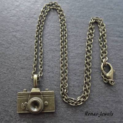 Herrenkette Kamera Anhänger bronzefarben – Männerkette mit Fotoapparat & Karabinerhaken