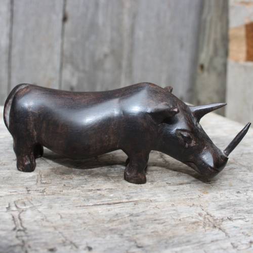 Vintage Nashorn Holzfigur aus Ebenholz – Handgeschnitzte Deko aus den 50er/60er Jahren