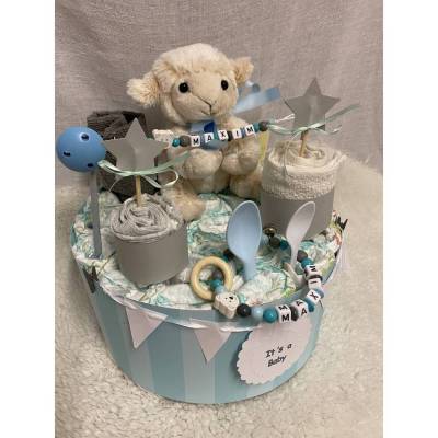 Windeltorte schaf baby babyshower taufe geburt party schnullerkette  mit Name ..  geschenk türkis boho beige weiss grau
