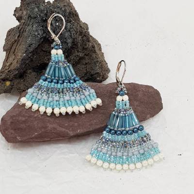 Ohrringe Fächerform | türkis weiss | ca. 6cm | Edelstahl-Brisuren  | Geschenk