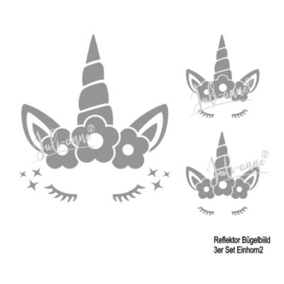 Reflektor Bügelbild 3er Set Einhorn mit Blumen   *Eigenproduktion