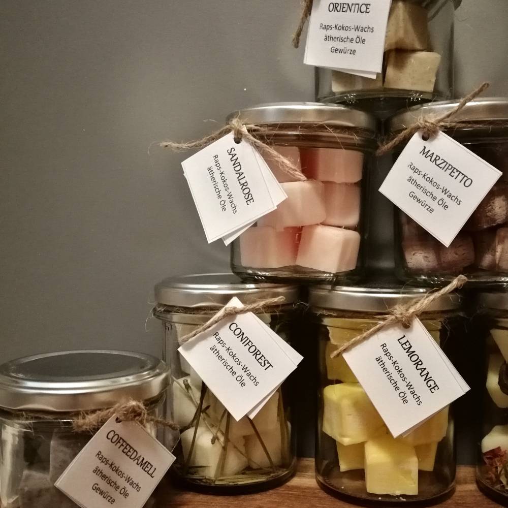 Öko Duftmelts mit ätherischen Ölen und Gewürzen | 6 Würfel im Glas