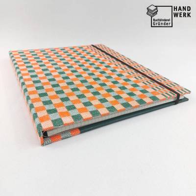Mappe mit DIN A4 Collegeblock, Spiralblock austauschbar, Grubentuch grün orange, handgefertigt