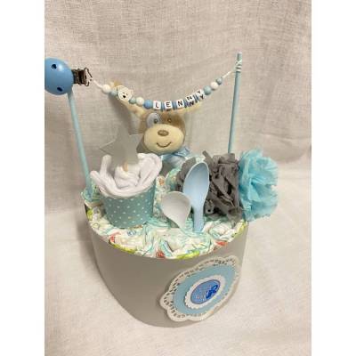 Windeltorte Kuchen Babyparty Babyshower Boy Girl Geschenk Taufe Geburt Name Schnullerkette personalisiert Minitorte
