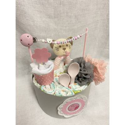 Windeltorte Kuchen Babyparty Babyshower Boy Girl Geschenk Taufe Geburt Name Schnullerkette personalisiert Minitorte
