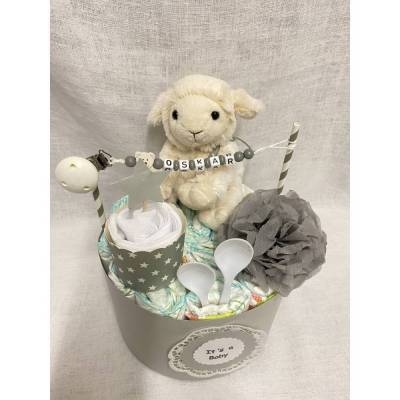 Windeltorte Kuchen Babyparty Babyshower Boy Girl Geschenk Taufe Geburt Name Schnullerkette personalisiert Minitorte