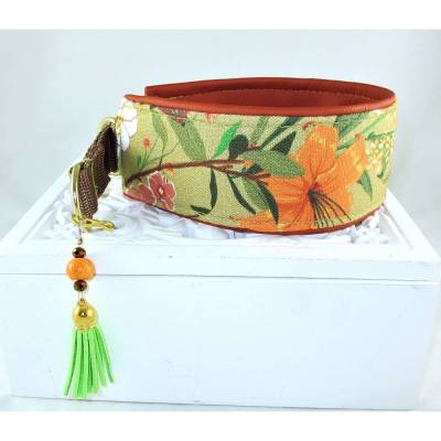Windhundhalsband "Flora" orange Hundehalsband Halsband Zugstopp mit Polsterung aus Kunstleder und Perlen-Schmuck