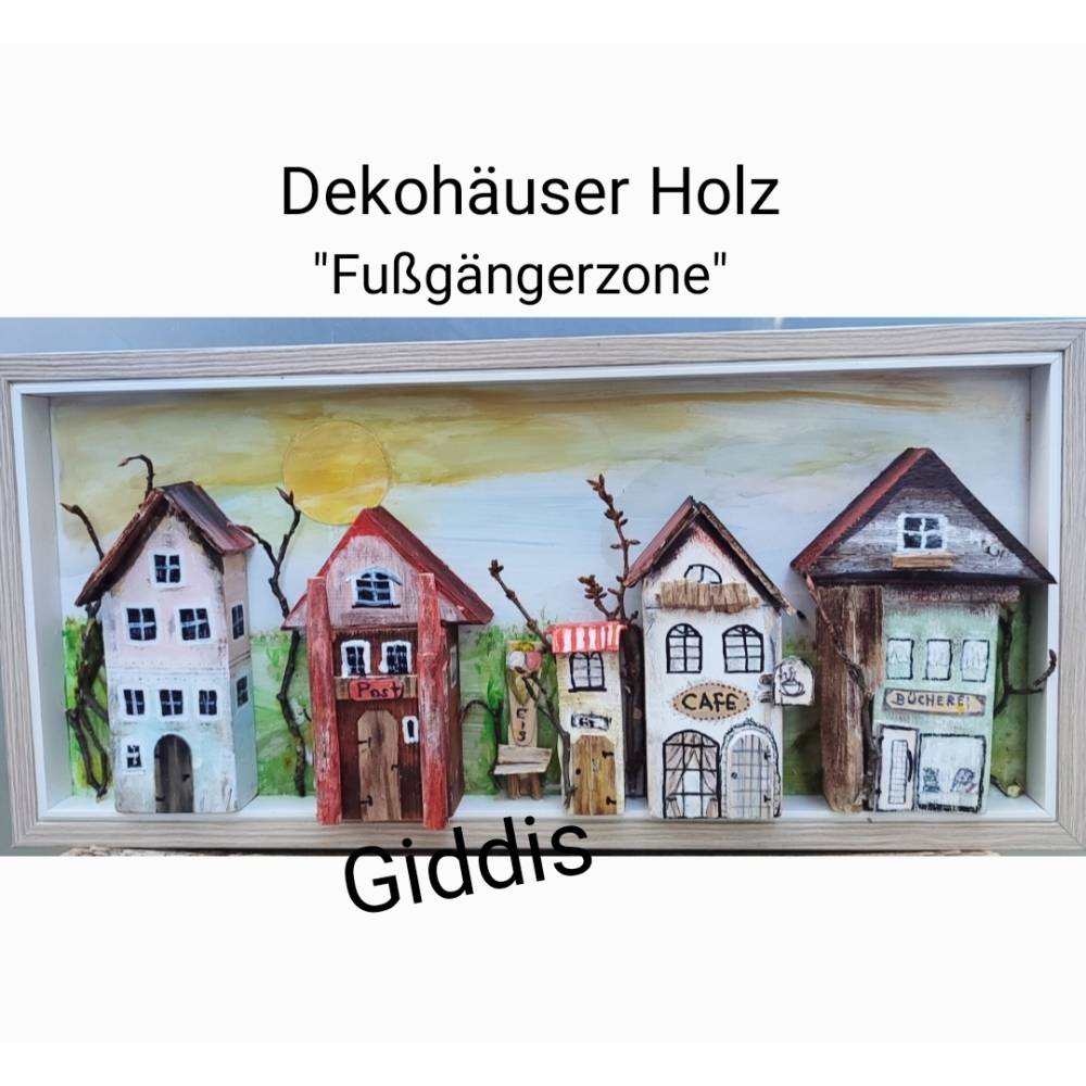 kleine deko häuser aus holz Deko-Holzhäuser, Set im Holzrahmen, handbemalt Farbvarianten:Natur