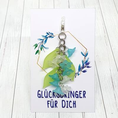 Glücksbringer Taschenbaumler „Zarte Blumen“ türkis – Verspielter Anhänger mit 10 Acrylblüten & Karabiner