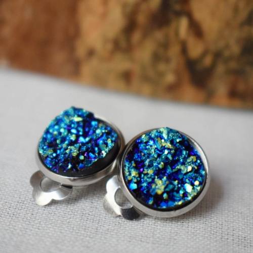 Glitzer Ohrclips Blau, Druzy Clip on Ohrringe, Drusen Ohrringe, Edelstahl Ohrclips ohne Ohrloch, Ohrschmuck Geschenk