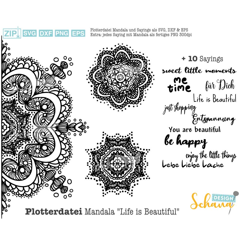Mandala Life is Beautiful Plotterdatei SVG DXF EPS mit 10 Sprüchen Bild 3