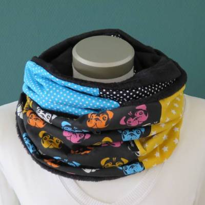 Loop Mops Damen Schal bunt schwarz Punkte Fleece Patchwork Loopschal Schlauchschal Kuschelloop