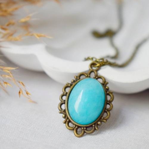 Vintage ovale Kette, Jade Türkis Halskette, Statement Edelstein Kette, Bronze filigrane Kette, Jade Türkis Anhänger, Jad