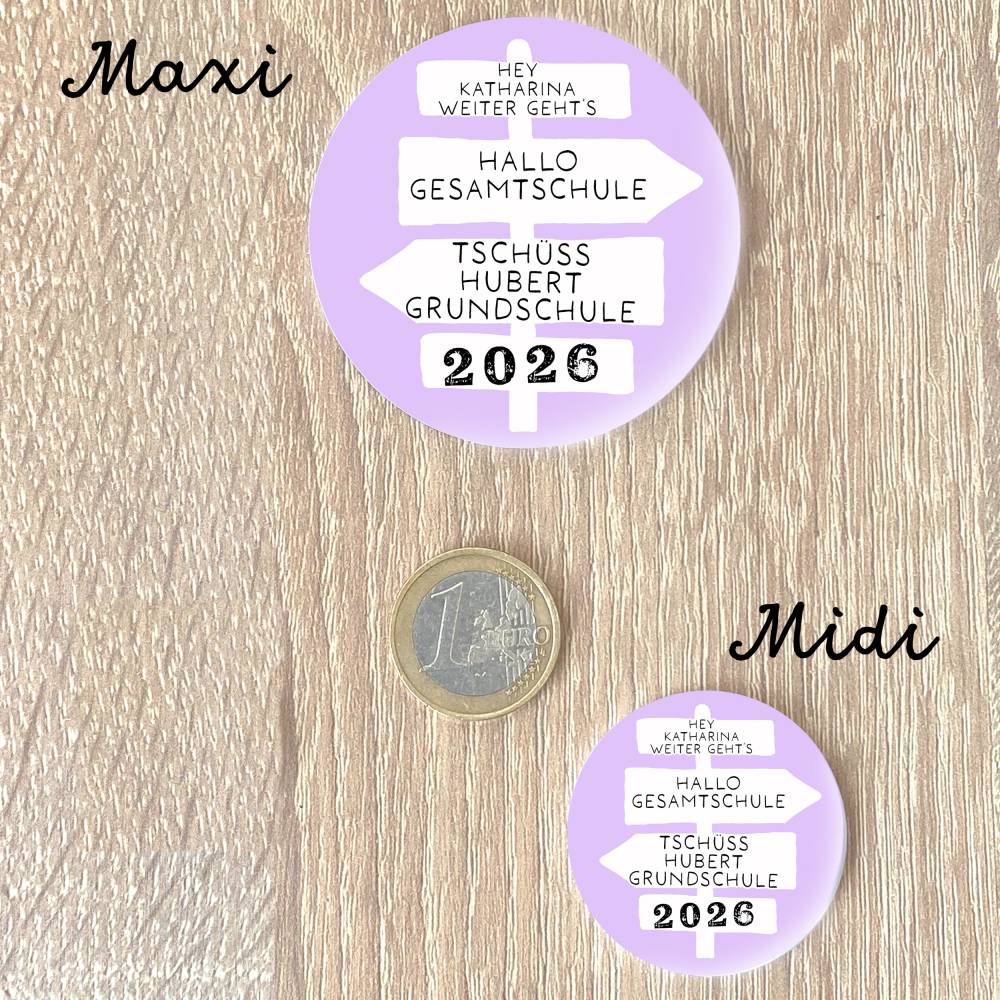 Personalisierter Button Tschüss Grundschule 2026 | Wegweiser Motiv | 8 Farben | 38/59mm | Wunschtext Bild 4