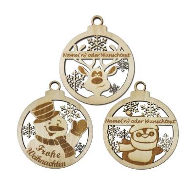 Christbaumschmuck Personalisierbar - Weihnachtsschmuck mit Namen aus Holz - Rentier, Schneemann oder Pinguin