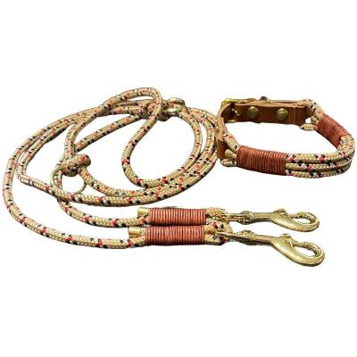 Hundeleine und Halsband Set, verstellbar, für kleine Hunde, beige, rot, schwarz, weiß, Leder und Schnalle, 6 mm Stärke