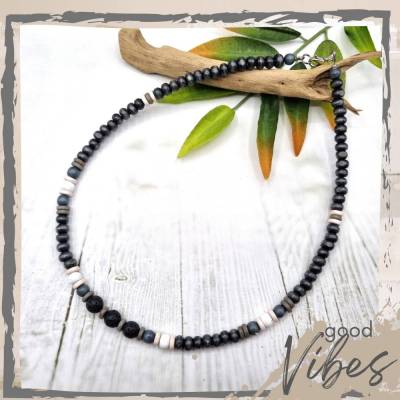 Surferkette aus Holz- und Lava Perlen im Boho Stil für Frauen und Männer, Lava Kette, Surfer Kette