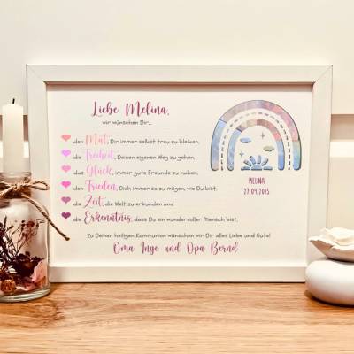 Kommunion Geschenk für Mädchen personalisiert – Geldgeschenk Bild mit Namen & Regenbogen