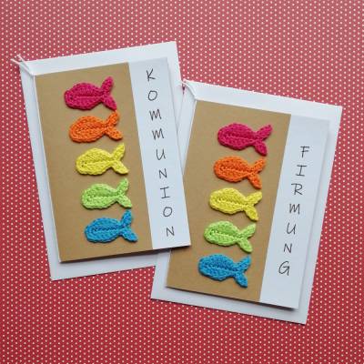 Glückwunschkarte zur Kommunion Firmung Konfirmation mit Regenbogen-Fischen gehäkelt