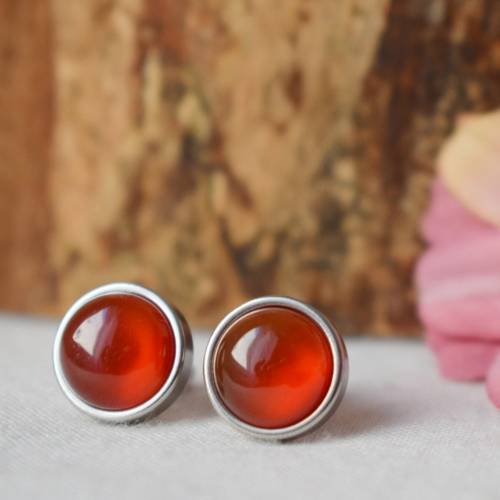 Ohrstecker Karneol, Silber Edelstein Ohrringe, Carneol, 10mm, Edelstahl, Rot, Cabochon, Karneol Schmuck, Ohrschmuck, Wei