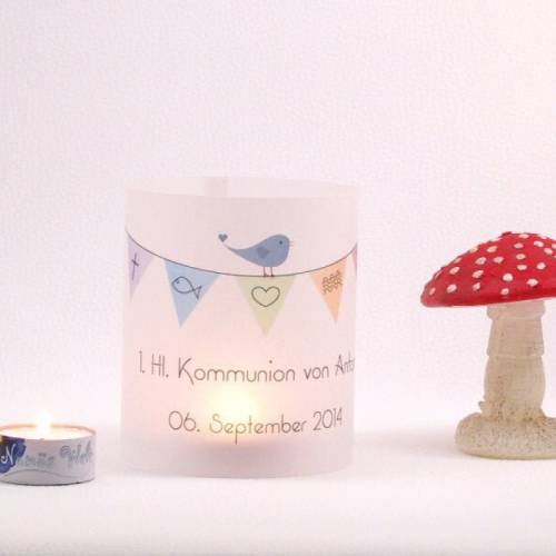 DIY personalisiertes Windlicht zur Kommunion / Firmung/ Konfirmation / Bat Mizwa mit bunter Wimpelkette Junge