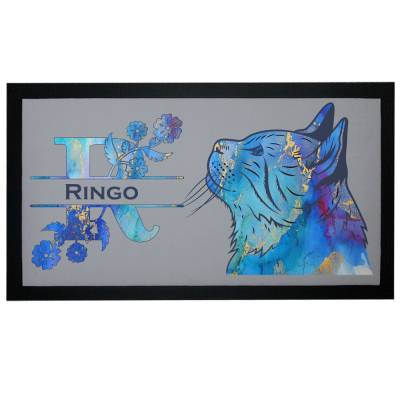 Napfunterlage Katze mit Name Floral-Design blau-gold Futtermatte