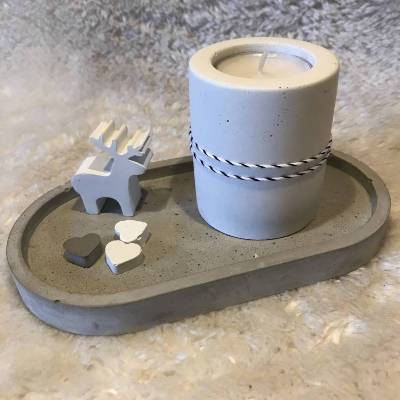 Stylisches Dekotablett, oval aus Beton in grau, puristisch, 18 cm