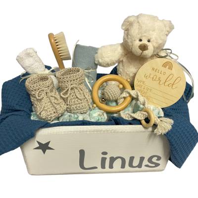 Windeltorte  Kiste mit Name Baby Geschenk Taufe Geburt Babyshower Babyparty Holzkiste Makramee Boho Spielzeugkiste